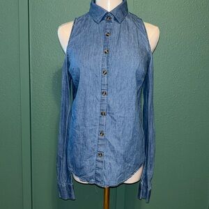 Women's chamboard long sleeveve button up, shoulder cut out shirt